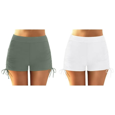 (2-Pack) 2025 New Women Plus Size High Bathing Suit Shorts Women Set Waist Bikini Bottoms Swim Briefs Beach Shorts Ruched Bottom High Cut Swim Bottom Full Coverage Swimsuit Bottom Sports Yoga