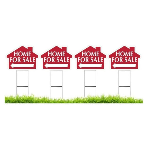 Home for Sale House Shaped Sign Kit with Stands - 4 Pack 4 Signs and 4 Stands Red) Durable Coroplast and Colorfast 18 x 24 Made in The USA