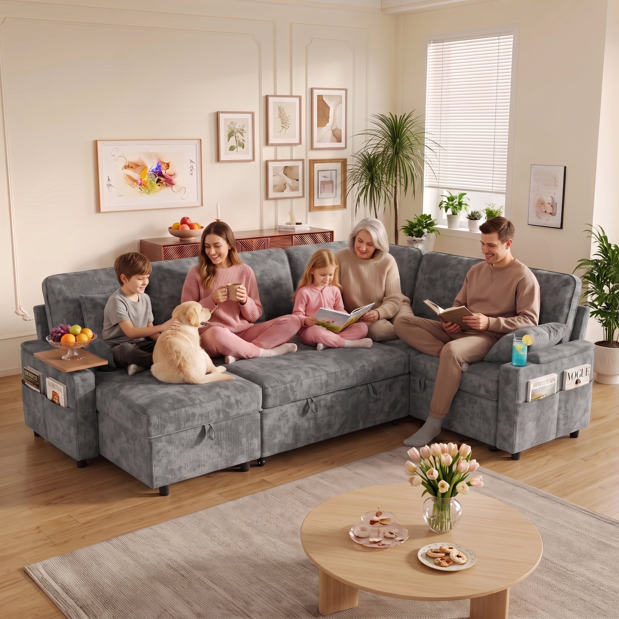 Xiweot 108" Modular Sectional Sleeper Sofa with Pull Out Couch, L Shaped Sofa Bed with Storage Chaise, Adjustable Backrest, USB Ports & Small Table, 7 Seaters Chenille Sofa for Living Room (Gray)