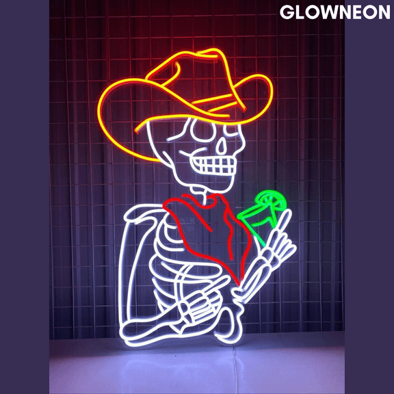 Glowneon Cowboy Skeleton Cocktail Neon Sign, Cocktail Bar Led Decor