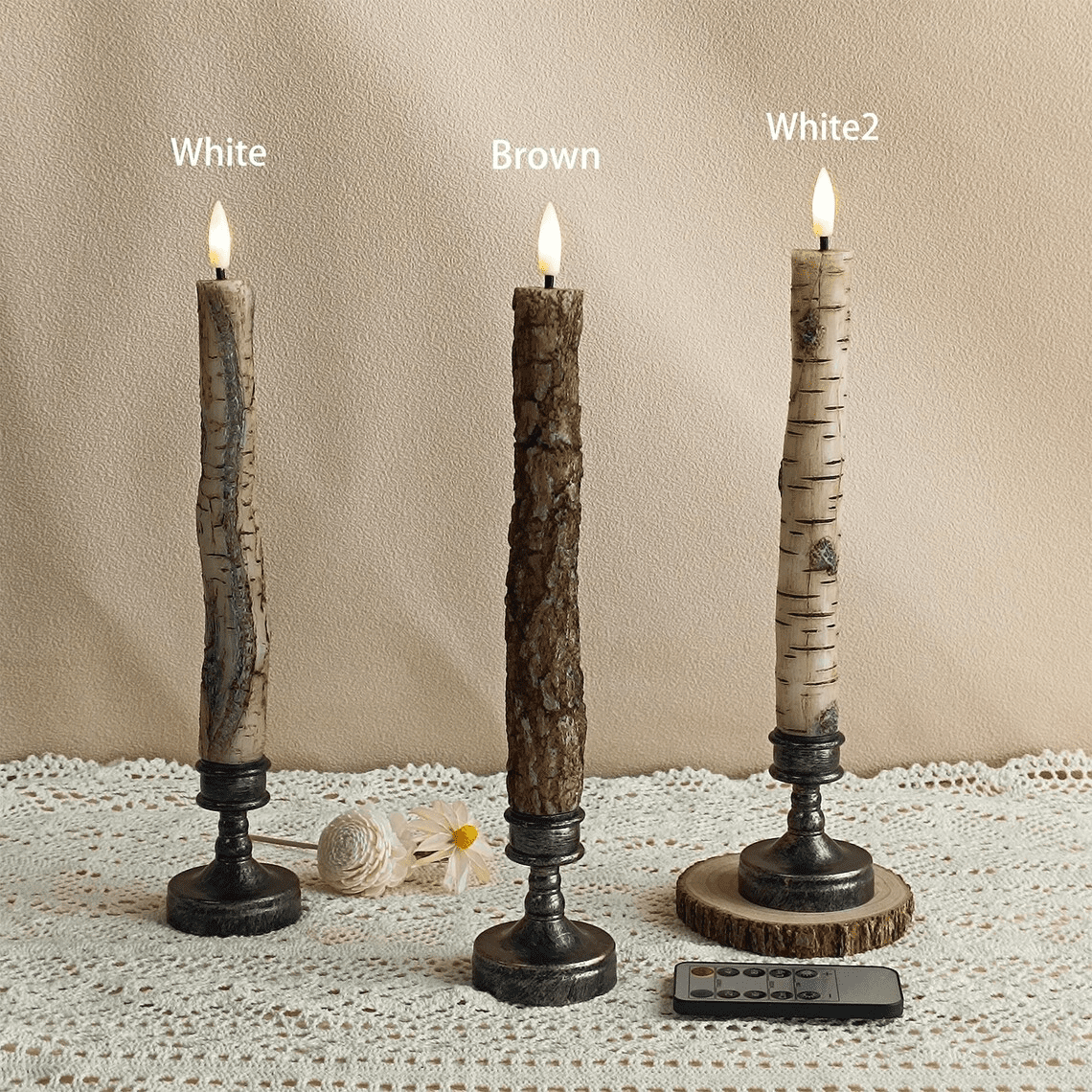 9.8 Inch Flameless Taper Candles, Tree Trunk Design LED Candle with Timer Remote Control，Battery Operated Real Wax Taper Candles for Home Decor，2PCS