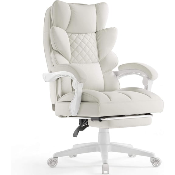 Big and Tall Office Chair with Pocket Spring Cushion, High Back Executive Desk Chair with Linkage Armrests and Footrest, PU Leather - White