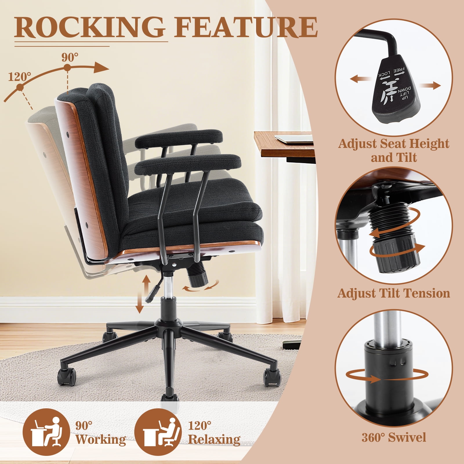Home Office Desk Chair with Armrests & Wheels, Modern Walnut Swivel Rolling Executive Task Chair, Height Adjustable Ergonomic Computer Chair, Black Fabric
