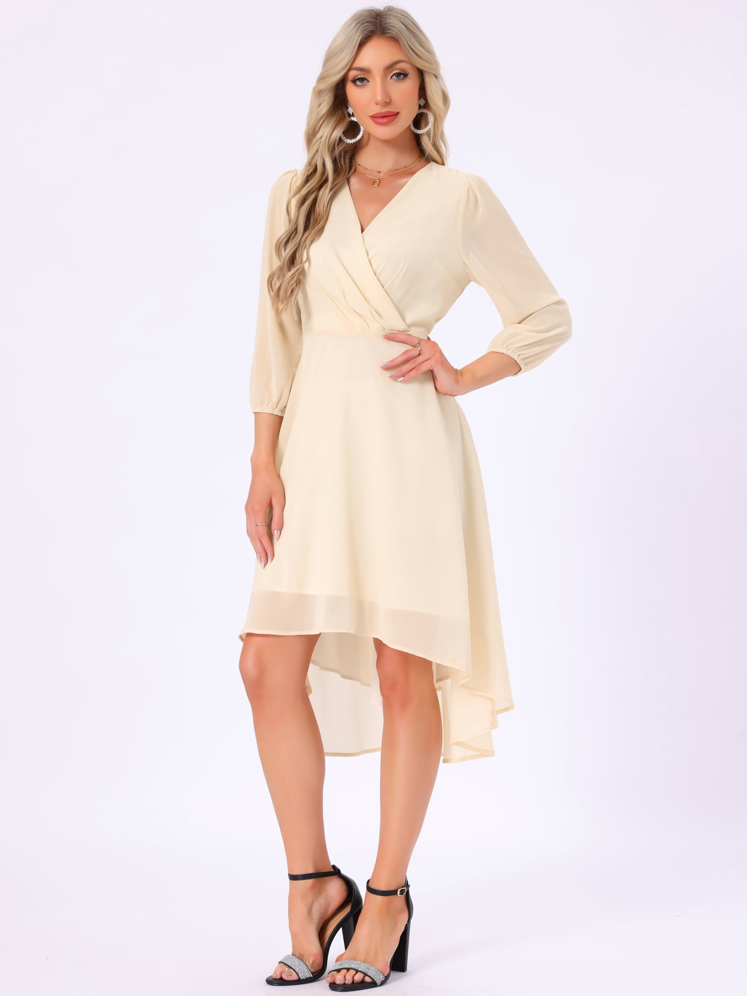 DARING DIVA Chiffon V-Neck Midi Cocktail Dress M Beige