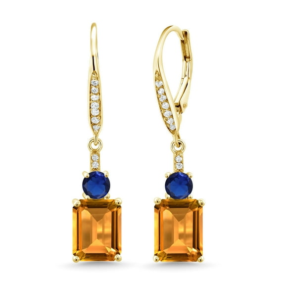 Gem Stone King 18K Yellow Gold Plated Silver Yellow Citrine and Blue Created Sapphire Dangle Earrings for Women (5.15 Cttw, Gemstone November Birthstone, Octagon 9X7MM)
