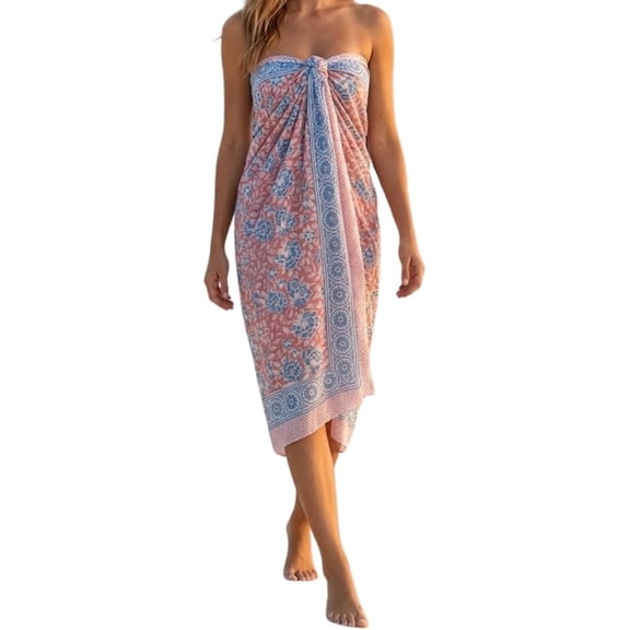 100% Cotton Sarong Cover Up for Women Pink Indian Block Print Beach Wrap Skirt Long Boho Swimsuit Bikini Pareo (72”x42”)