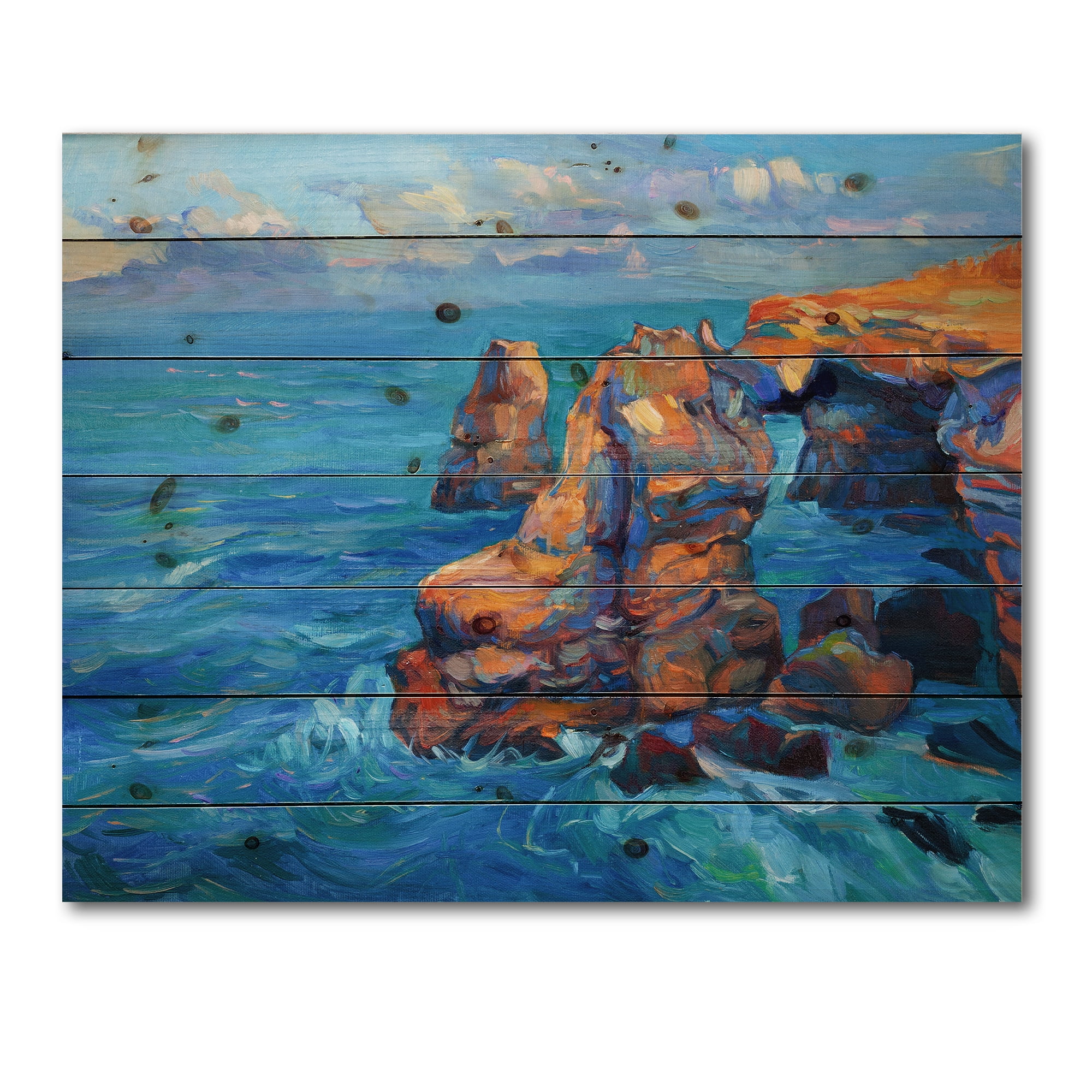 Designart 'The Blue Ocean By Rocky Cliffs' Nautical & Coastal Print on Natural Pine Wood
