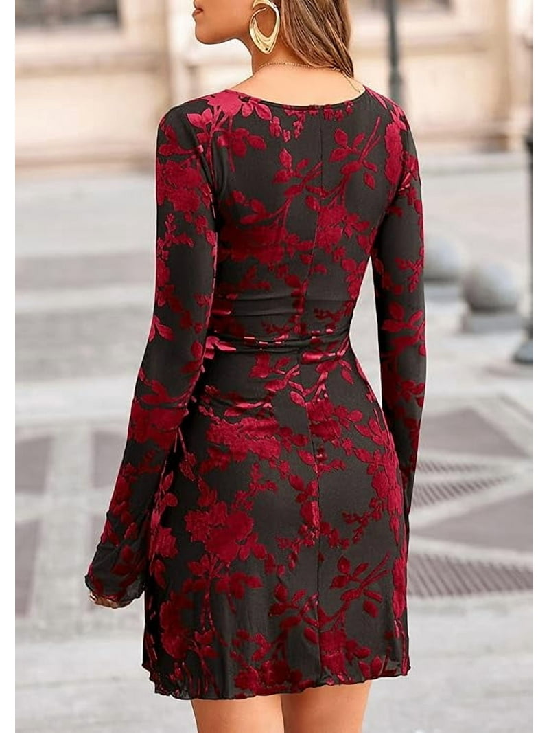Prettygarden Women's Fall Fashion Floral Long Sleeve Mini Dress Mesh Bodycon Short Party Date Night Going Out Dresses, Size: XS, Red