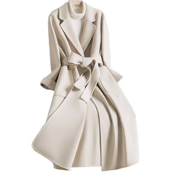 Women Woolen Coat Solid Color Single Button Turndown Collar Autumn Winter Windproof Belt Slim Fit Overcoat Streetwear