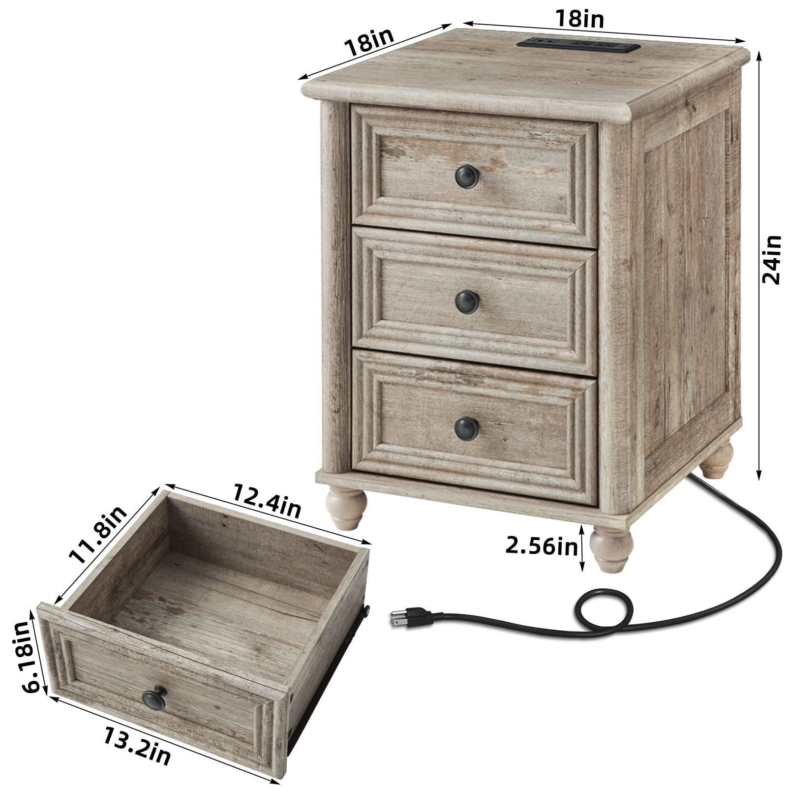 Nightstands Set of 2 with 3 Drawers, Farmhouse Nightstands with Charging Station End Table Beside Table for Bedroom Enrtyway Living Room, Grey Oak