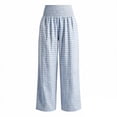 thumbnail image 3 of High Waist Plaid Pans for Women Casual Linen Loose Fits Trousers with Pocket Wide Leg Fashion Vacation Long Pants,Blue,L, 3 of 4