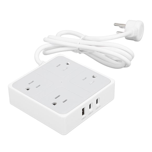 Flat Plug Power Strip, Flexible 4 Outlets 3 USB Ports Desktop Charging Station with 5FT Cord for Hotel Travel Cruise