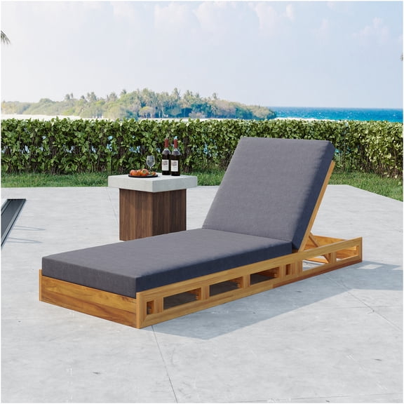 JERFIT Acacia Wood Adjustable Chaise Lounge with 4" Thick Water-Resistant Cushion, Dark Gray Outdoor Recliner for Patio, Poolside