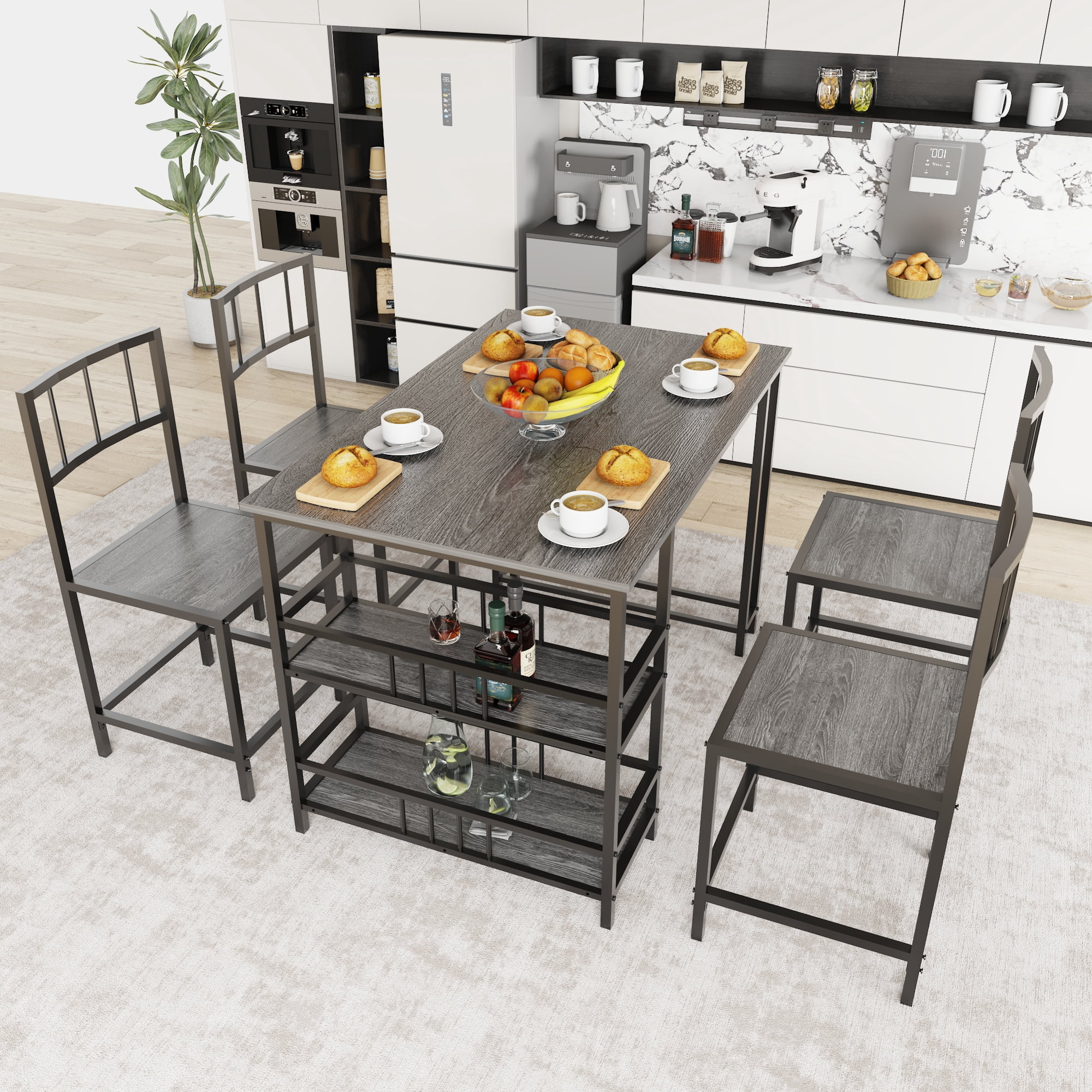 HOQBN 5 Piece Dining Table Set with 4 Chairs and 2-Tier Side Storage Shelves,Industrial Kitchen Table Wood Grain Metal Frame Dinner Furniture for Small Apartment Dining Room,Charcoal grey