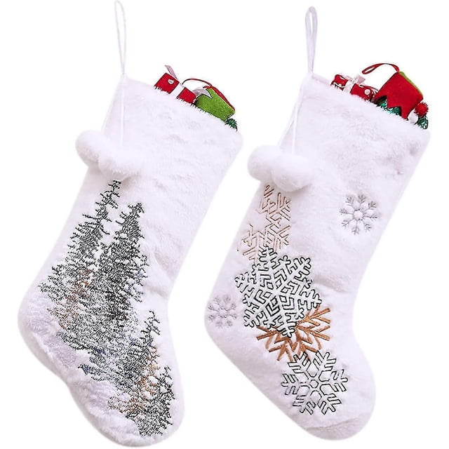 2 Pack With Plush Faux Fur Cuff & Pompoms, Super Soft Giant Fluff Christmas Stockings,Gg