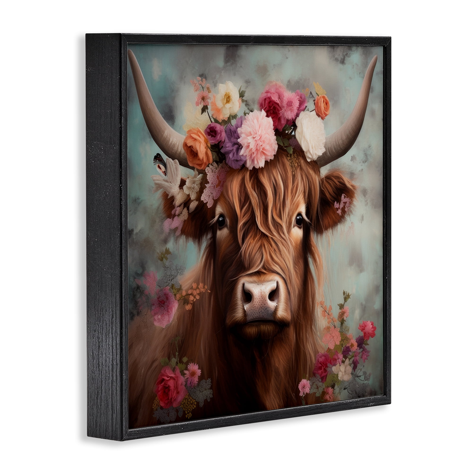 Stupell Industries Detailed Floral Highland Cow Animals Painting Black Framed Art Print Wall Art, 24 x 24