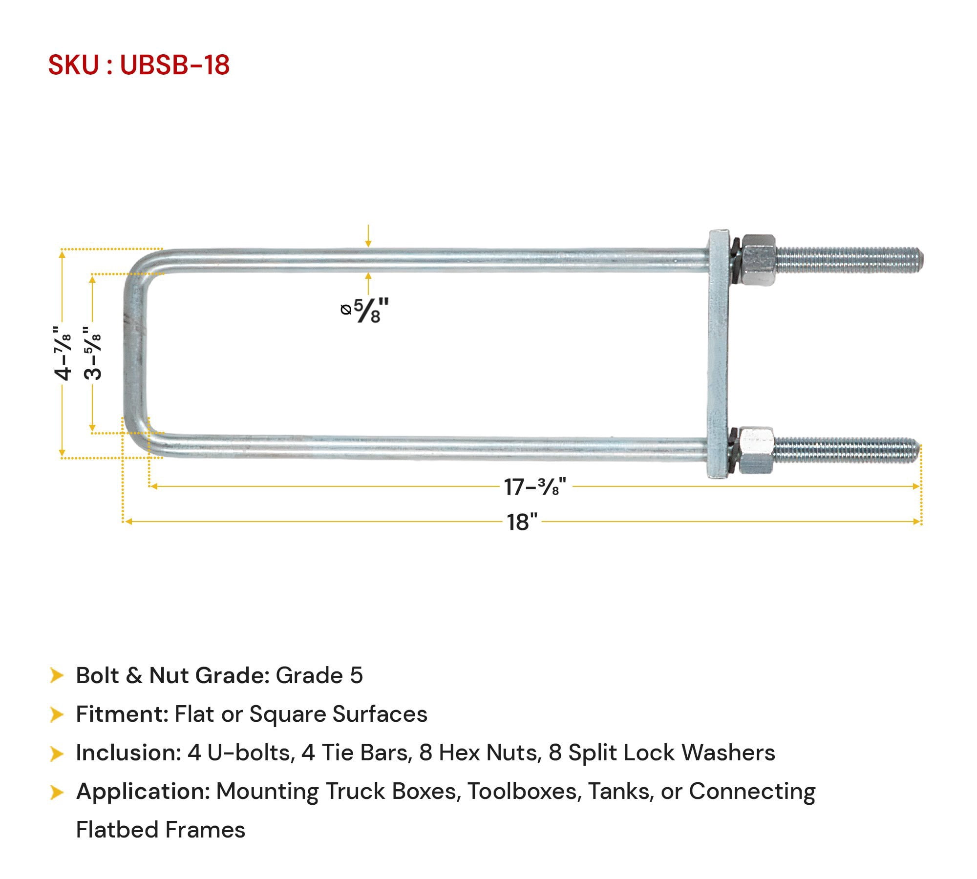 18" Square Bend U-Bolt Kit with Tie Bars, Hex Nuts & Lock Washers – Grade 5 Carbon Steel Bolt and Nut for Mounting Truck Toolboxes, Frames & Heavy-Duty Equipment