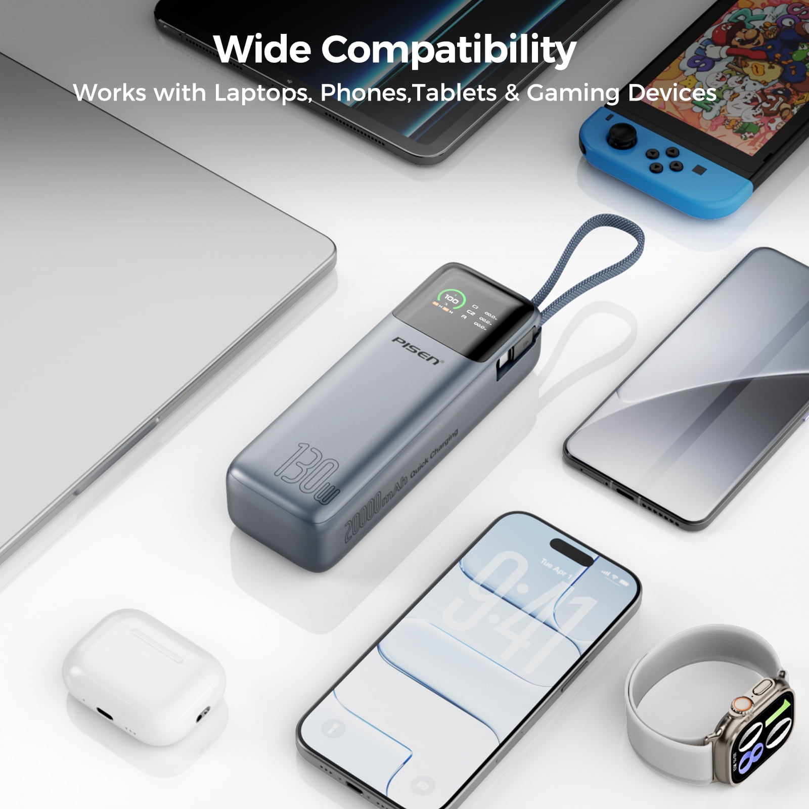 PISEN 3C Certified Power Bank-20000mAh 130W Power Bank,Travel Battery Pack Portable 3C Charger with LED Display, Portable Charger with Built in Cable for iPhone, Samsung and More