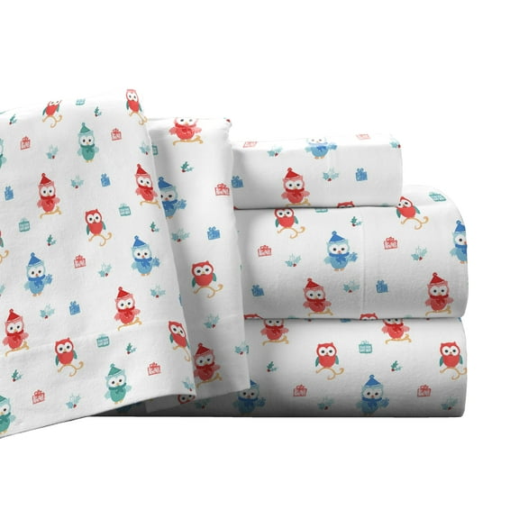 Pointehaven Flannel Deep Pocket Set with Oversized Flat Sheet, Queen, Owl