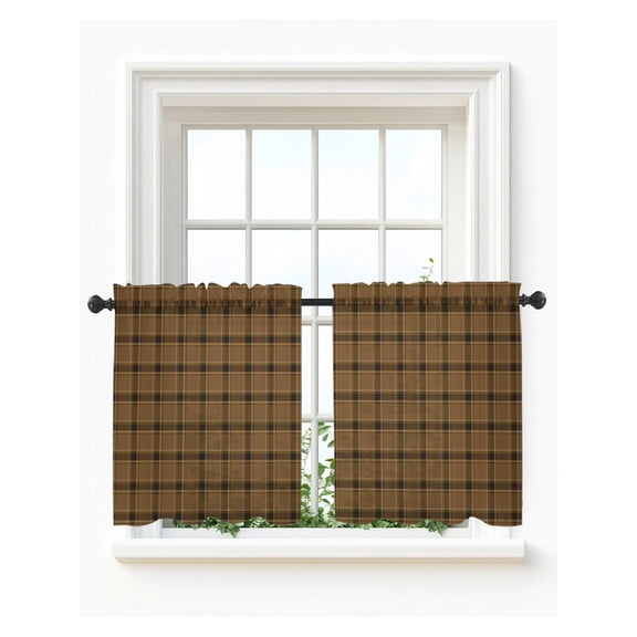 Brown Buffalo Plaid Tier Curtains 24 Inch Length,Sheer Curtains for Bedroom Living Room Window Vintage Classic Striped Gingham Rod Pocket Drapes Kitchen Curtains Small Half Window 27.5"x24" 2 Panels