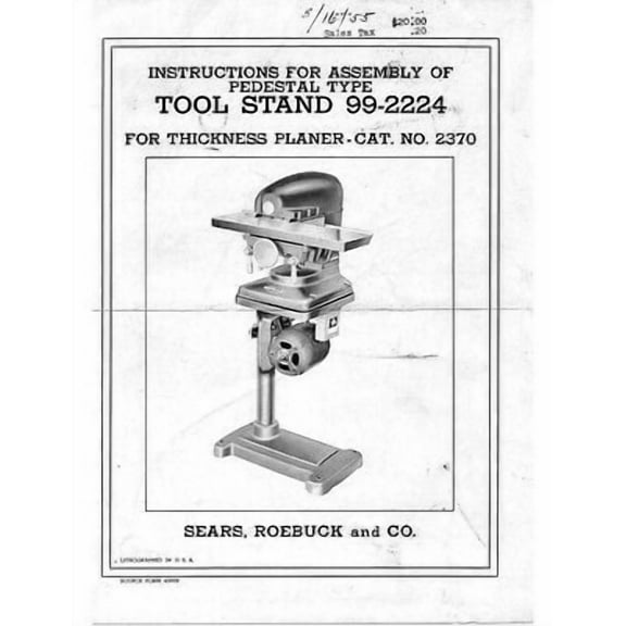 1955 Craftsman 99-2224 Pedestal Tool Stand for 2370 Thickness Planer REPRINT