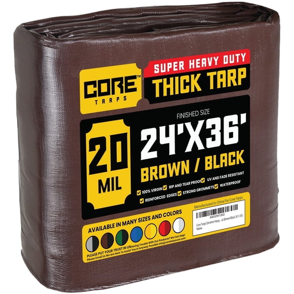 Core Tarps 20 Mil Heavy Duty Tarp Tarpaulin Waterproof Cover, Brown/Black 24' x 36'
