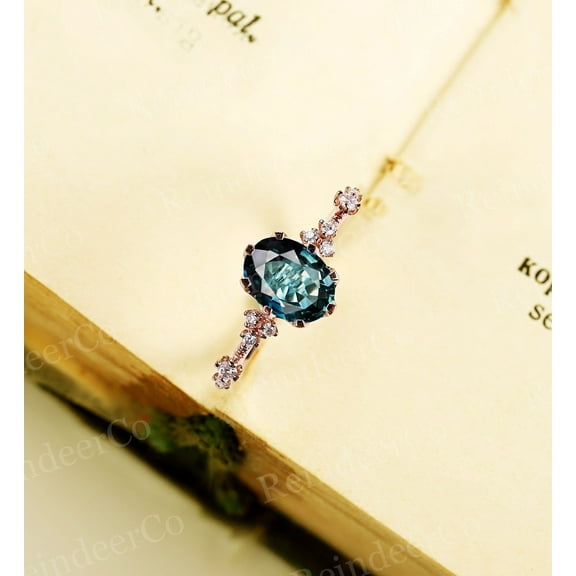 Vintage oval cut blue-green sapphire engagement ring Art deco rose gold Plated teal sapphire anniversary ring