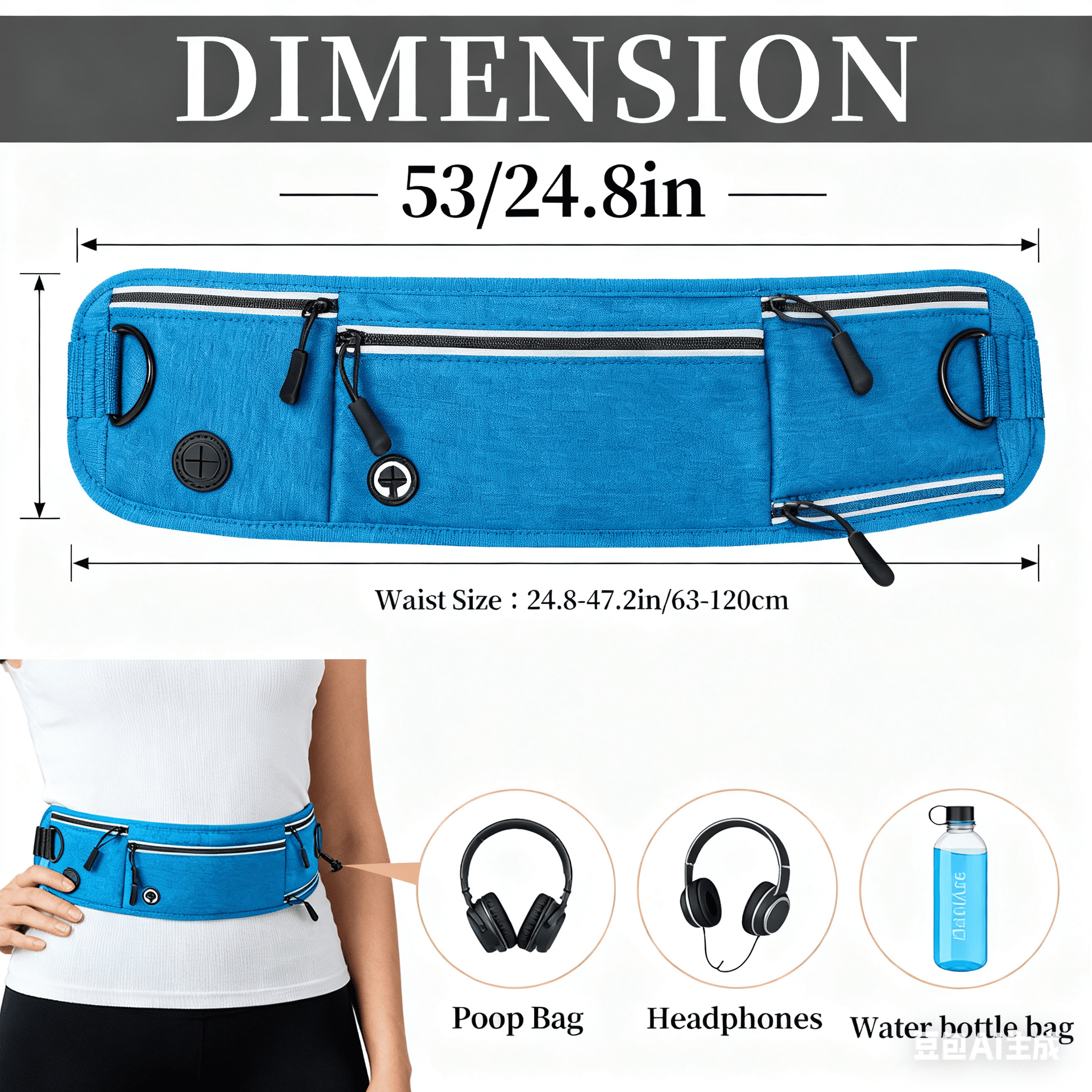 Blue Waist Dog Leash Hands Free Dog Leash, Waist Running Leash with Zipper, Walking Pouch for Dog Walking, Bungee Retractable Running for Medium to Large Dogs