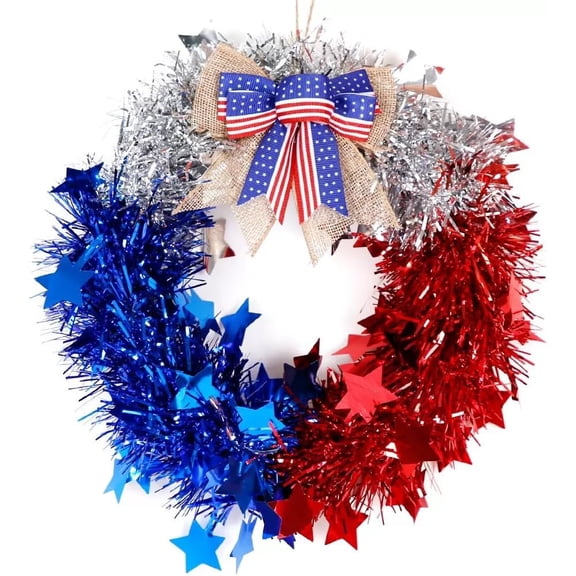 NIETEIN 12.6 Inch 4th of July Patriotic Red White Blue Wreath, Stars & Tinsel Decor