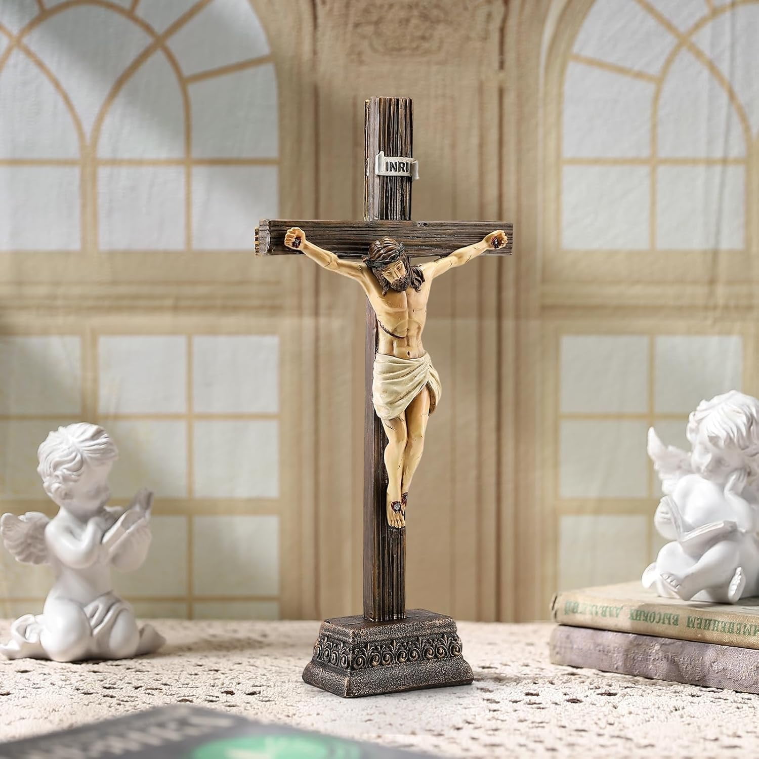 10.8 H Jesus Crucifix Statue - Resin Standing Wall Cross Decoration Praying Religious Figurine Jesus Christ Catholic Display Hanging or Tabletop with Stand for Home Decor