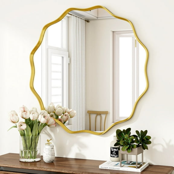 Easy4Home 29" Wavy Round Decorative Mirror With Deep Frame, Gold