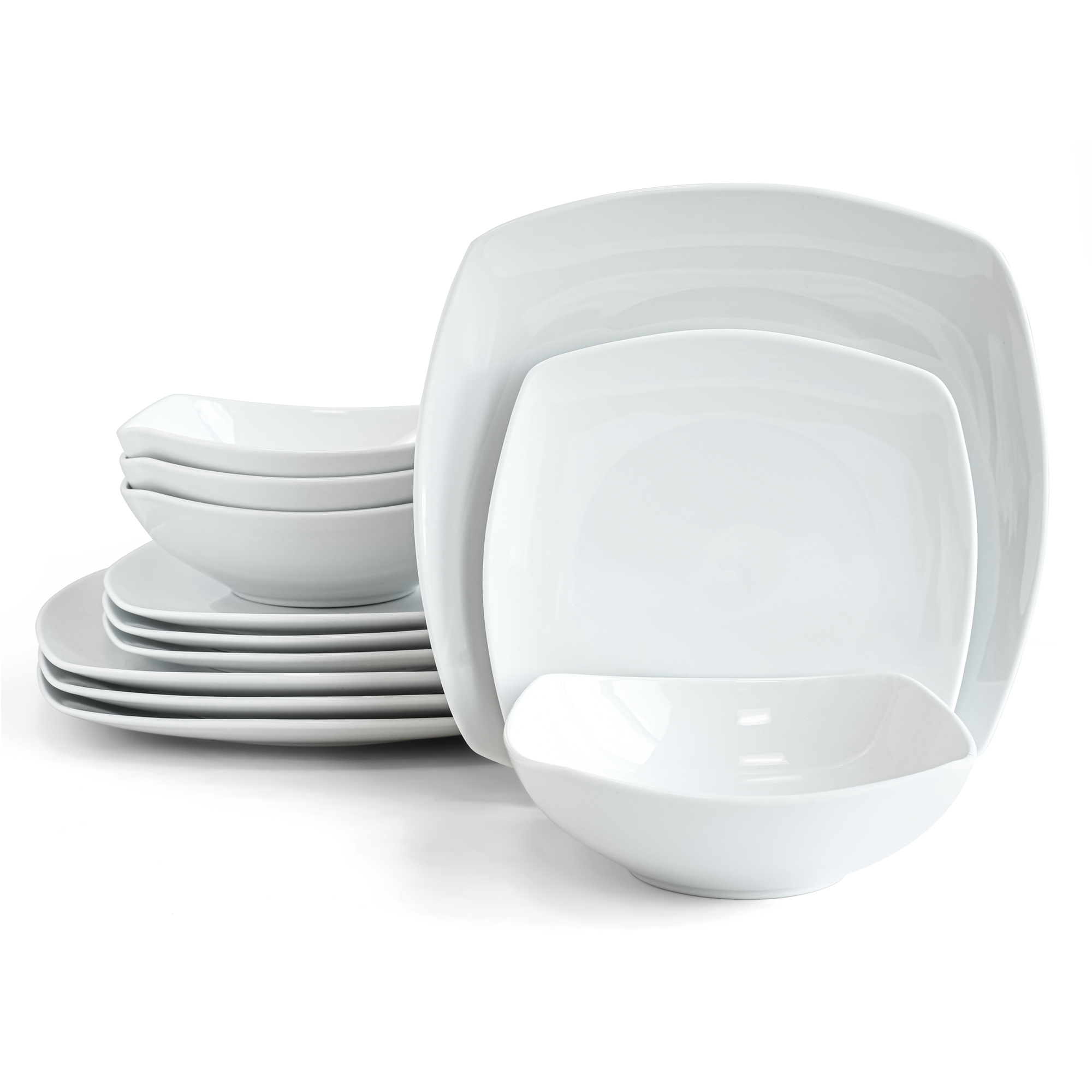 over&back Dinnerware Set - Porcelain Dish Set with Dinner Plates, Salad Plates, Soup Bowls - 12-Piece All-Occasion Place Settings -Soft Square | White