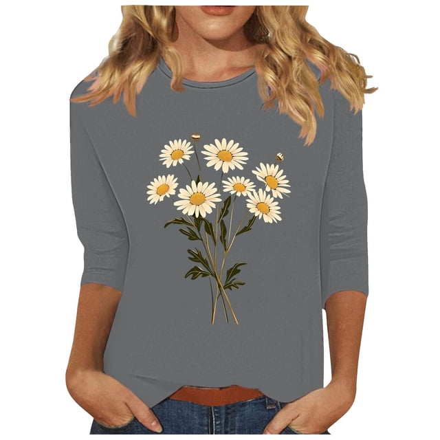 Tnhcen Chemises à Manches 3/4 Col Rond Imprimé Floral Automne pour Femmes - Basiques Décontractés Grande Taille P-3TG