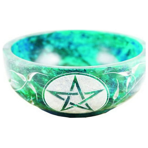 Turquoise Pentagram Hand Carved Natural Stone Smudge Bowl | 4" inch | For Smudging Herbs Palo Santo Sage | Ritual Altar Spell Bowl