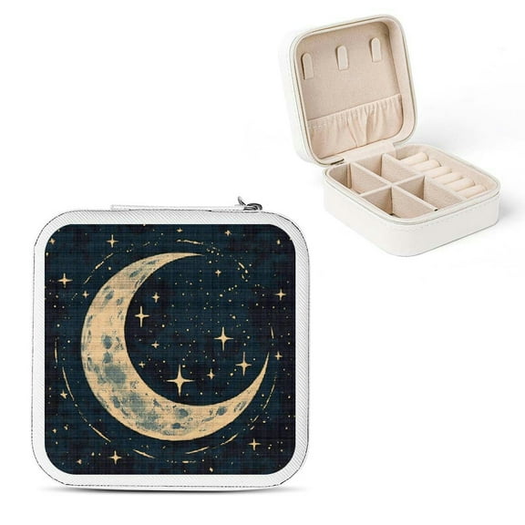 Creowell Crescent Moon Stars Travel Jewelry Box for Necklace, Ring, Earring - Compact Size, Versatile Organizer, Zipper Storage - Mother's Day Gift White