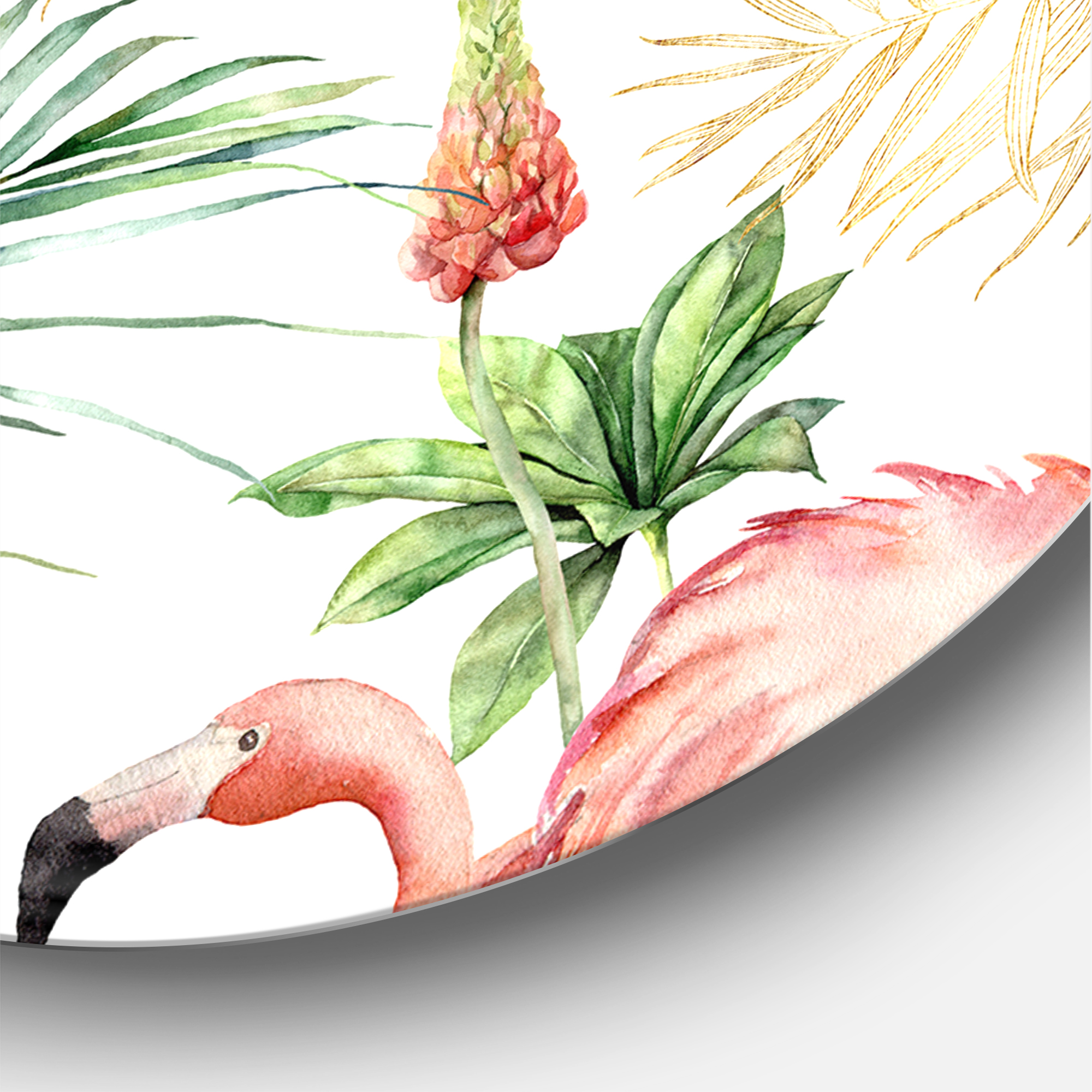 Designart 'Tropical Flowers & Gold Leaves With Pink Flamingos' Traditional Circle Metal Wall Art 36x36 - Disc of 36