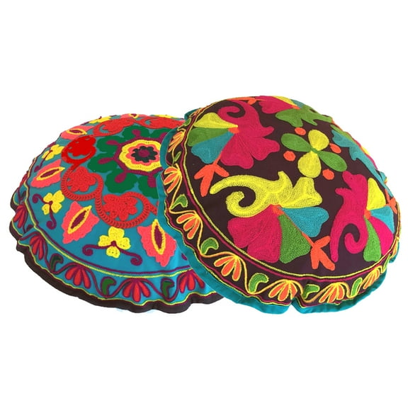 Stylo Culture Ethnic Round Floor Pillow Traditional Sujani Embroidered Cushion Cover Colorful 18 x 18 Small Decorative Decor Seating Tuffet Seat Pouf Cover Footstool Cotton Floral Set Of 2