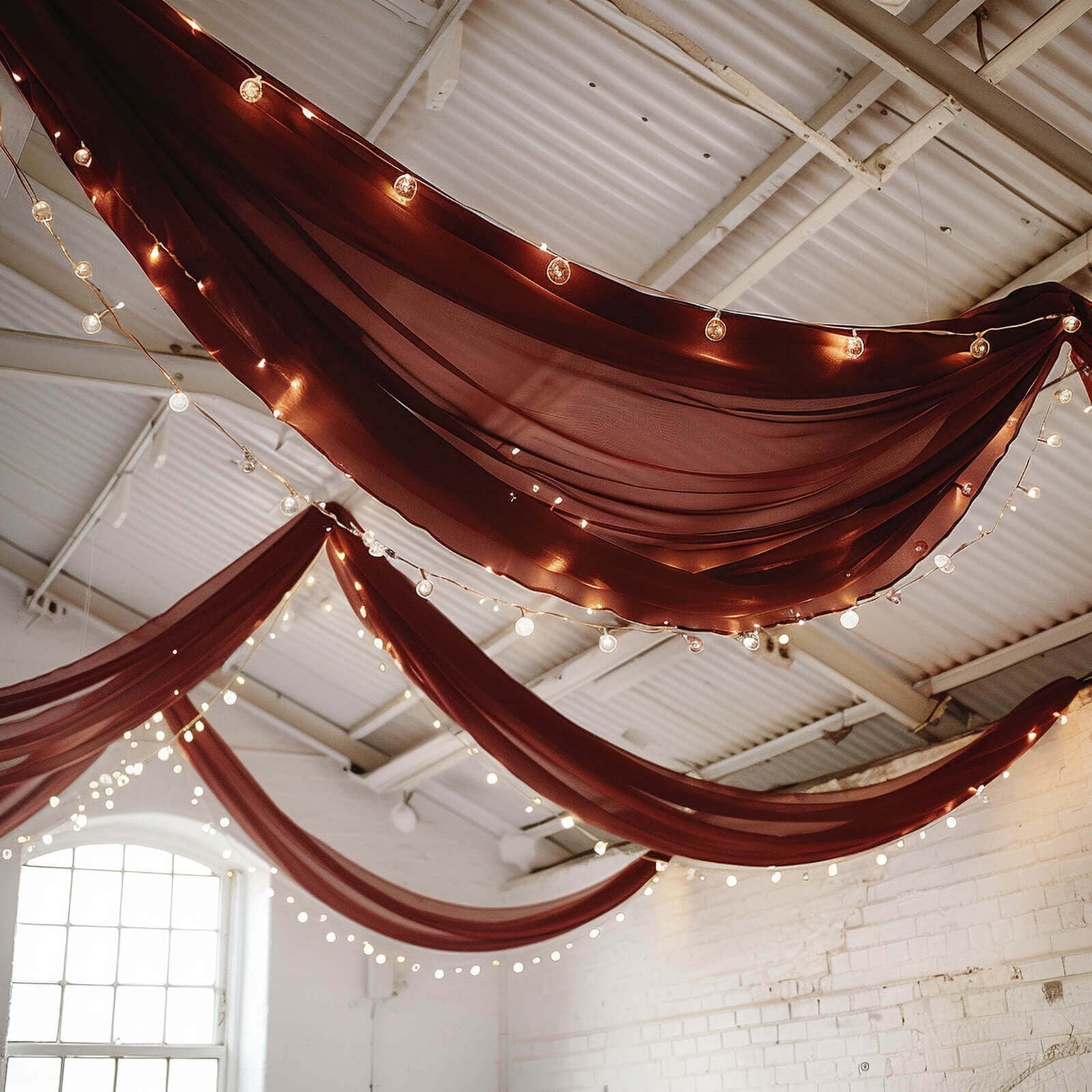 Efavormart 5ftx32ft Premium Burgundy Chiffon Curtain Panel, Backdrop Ceiling Drapery With Rod Pocket