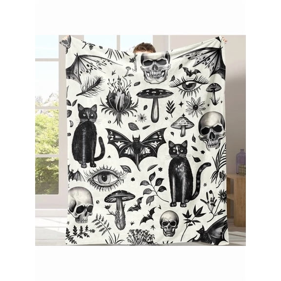 Gothic Black Cat Skull Bat Mushroom Flannel Throw Blanket 280 GSM Soft Cozy Fleece Lightweight for Bed Sofa Camping Halloween Vintage Tattoo Style All Over Print