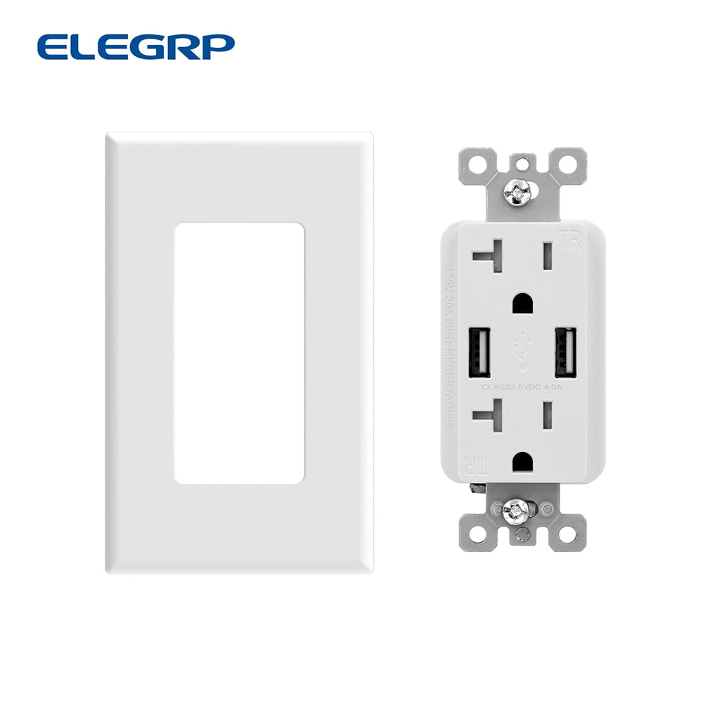 ELEGRP USB Wall Outlet Receptacle with Dual 4.0 A USB Ports, 20 Amp Duplex Tamper Resistant Receptacle, Charging Power Outlet with USB Ports, Wall Plate Included, UL Listed, 6PC, White
