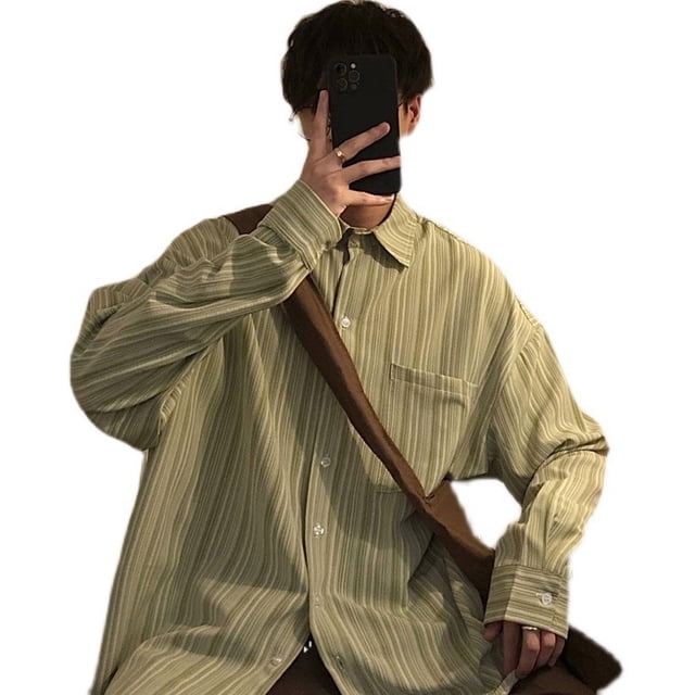 Camisa a rayas para hombre, camisa informal de manga larga con botones y cuello vuelto, holgada, con bolsillo para primavera y otoño
