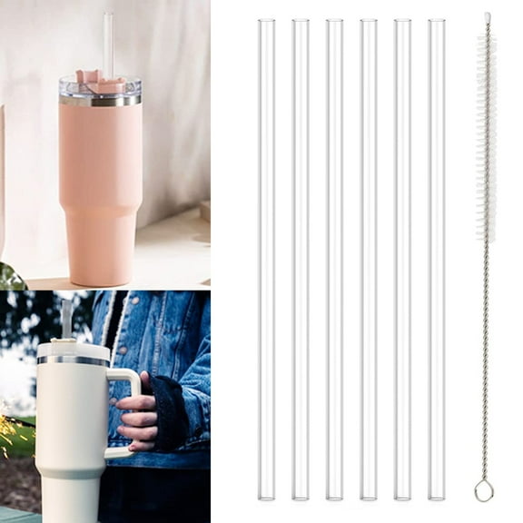 Ruifaya 6Pcs Replacement Drinking Straw with Cleaning Brush, Reusable Transparent Plastic 20/30/40 OZ Travel Tumbler Straw Cup Accessories