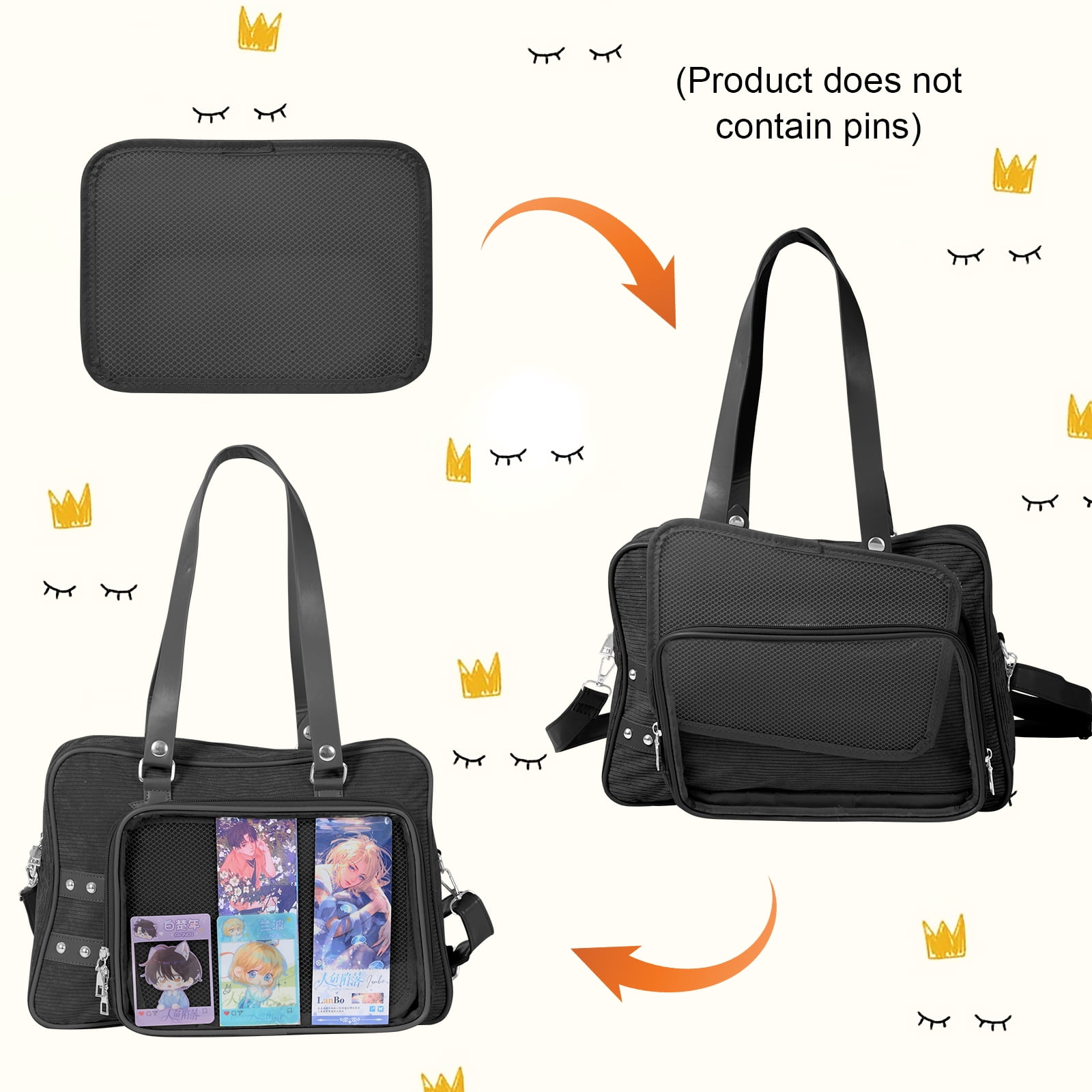 ZingZaak Kawaii Ita Bag Crossbody, Pin Purse, Messenger Bag Pin Display,Shoulderbag with Transparent Incert, Corduroy (black)