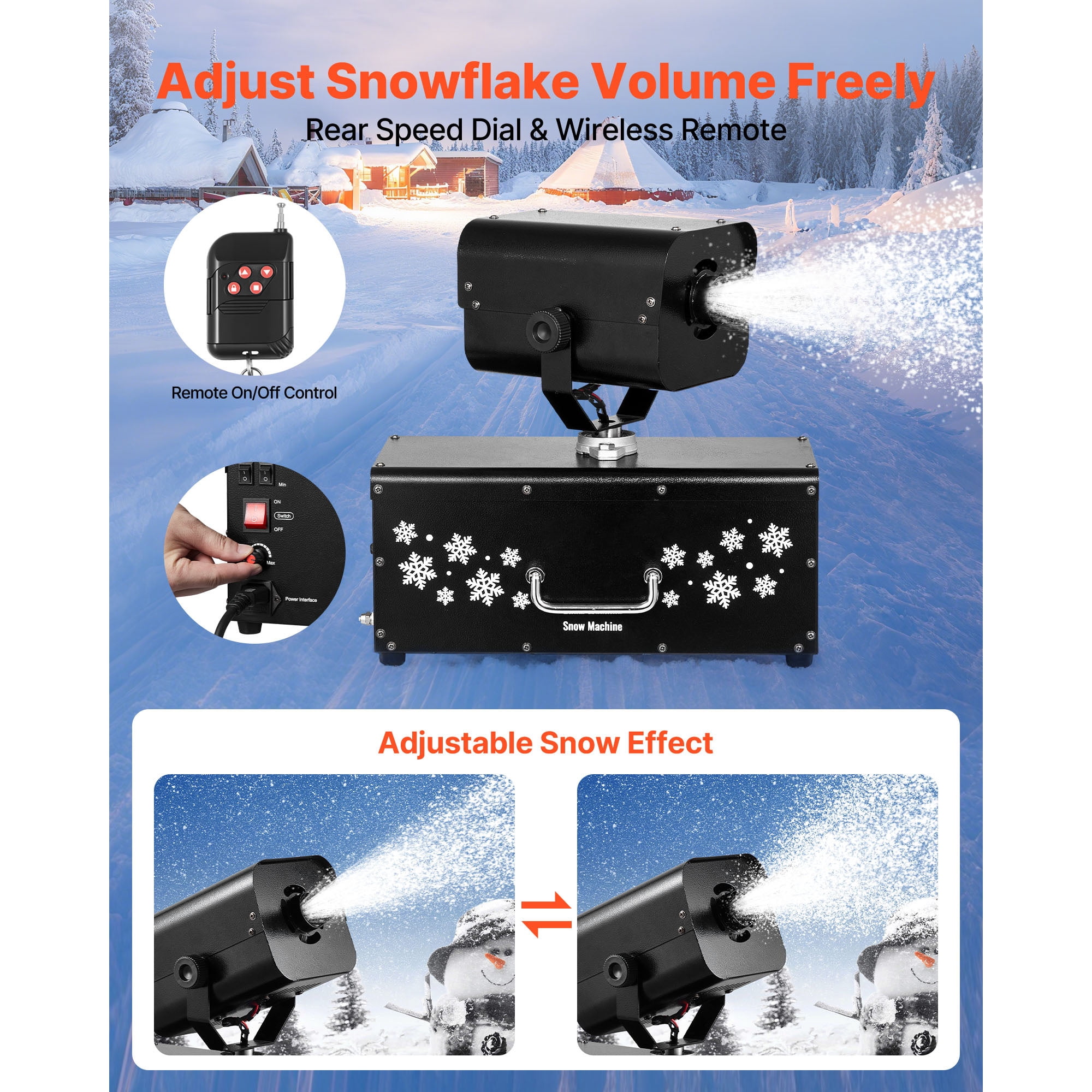 KFFKFF 1200W Snow Machine Oscillating Snowflake Effect Machine for Holiday Events & Weddings SPCC Cold‑Rolled Steel 15.75"×10.24"×14.96" Black