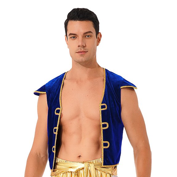 iixpin Mens Halloween Arabian Prince Costume Cap Sleeve V Neck Vest Waistcoat for Carnival Cosplay Royal Blue M