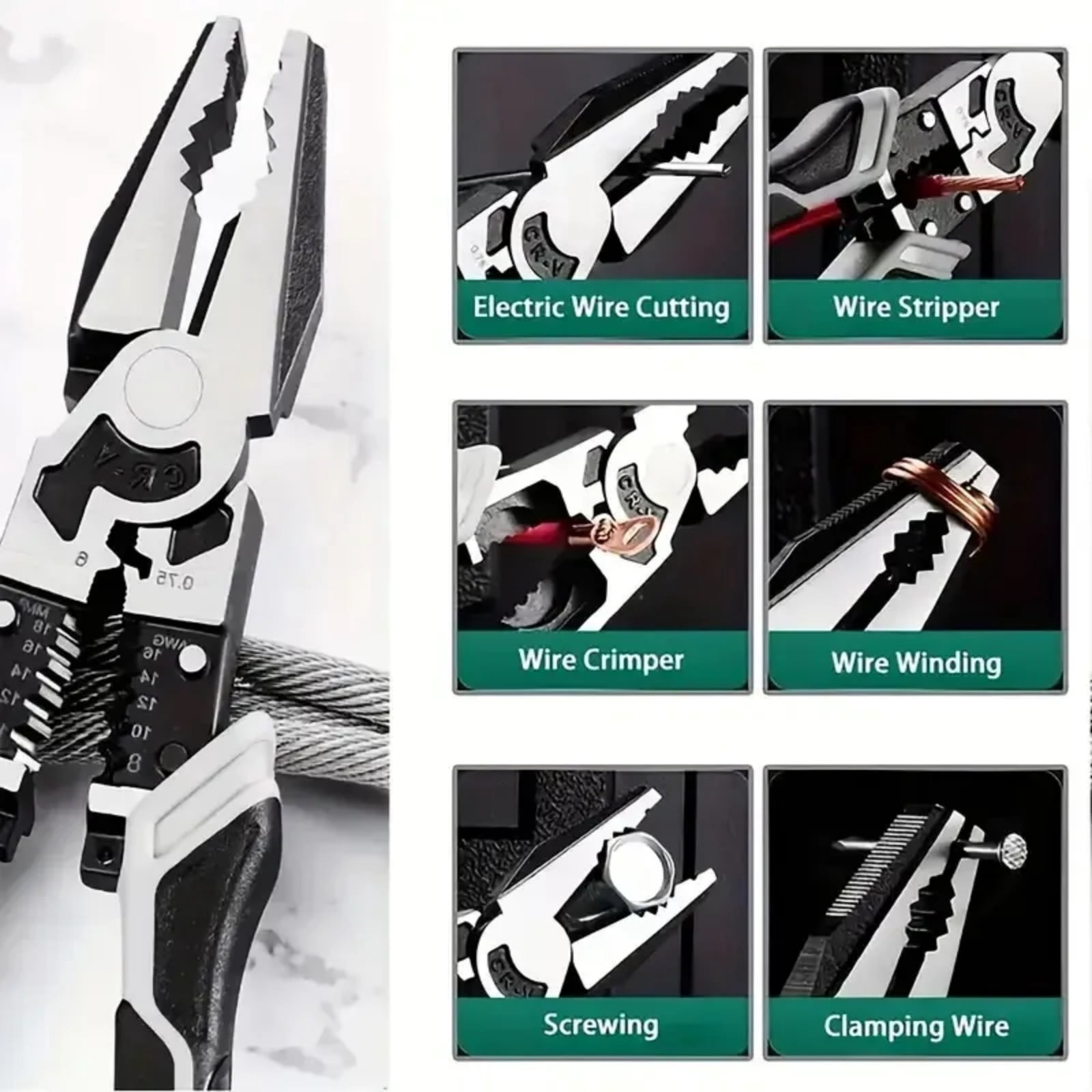 Multi-functional slotted pliers, slotting pliers, five-in-one multi-functional tool pliers, industrial grade, with PVC handle, professional manual tool, wire stripper and cutter