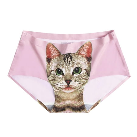 

Women Underwear Ice Silk Cat Print Briefs Ladies Waist Seamless Underwear