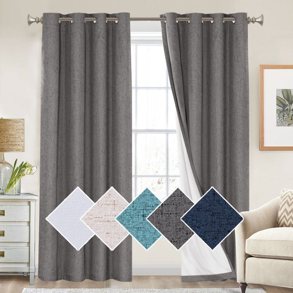Jacquard Faux Linen Blackout Curtain Grommet Top Thermal Insulated Room,2 panels 