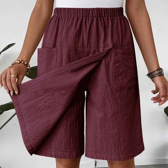 CQONEPT Shorts for Womens Elastic Waist Casual Loose Fit Pants with Pockets Summer Trendy Knee Length Pants Wine XL