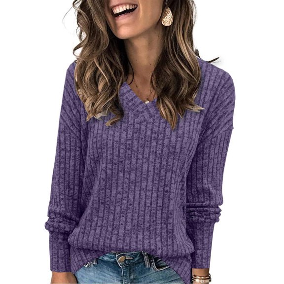 LEBONYARD Womens Sweaters Lightweight,Women's Winter Casual Solid Color V-neck Long-sleeved Knitted Loose Sweater Top Purple#1 S